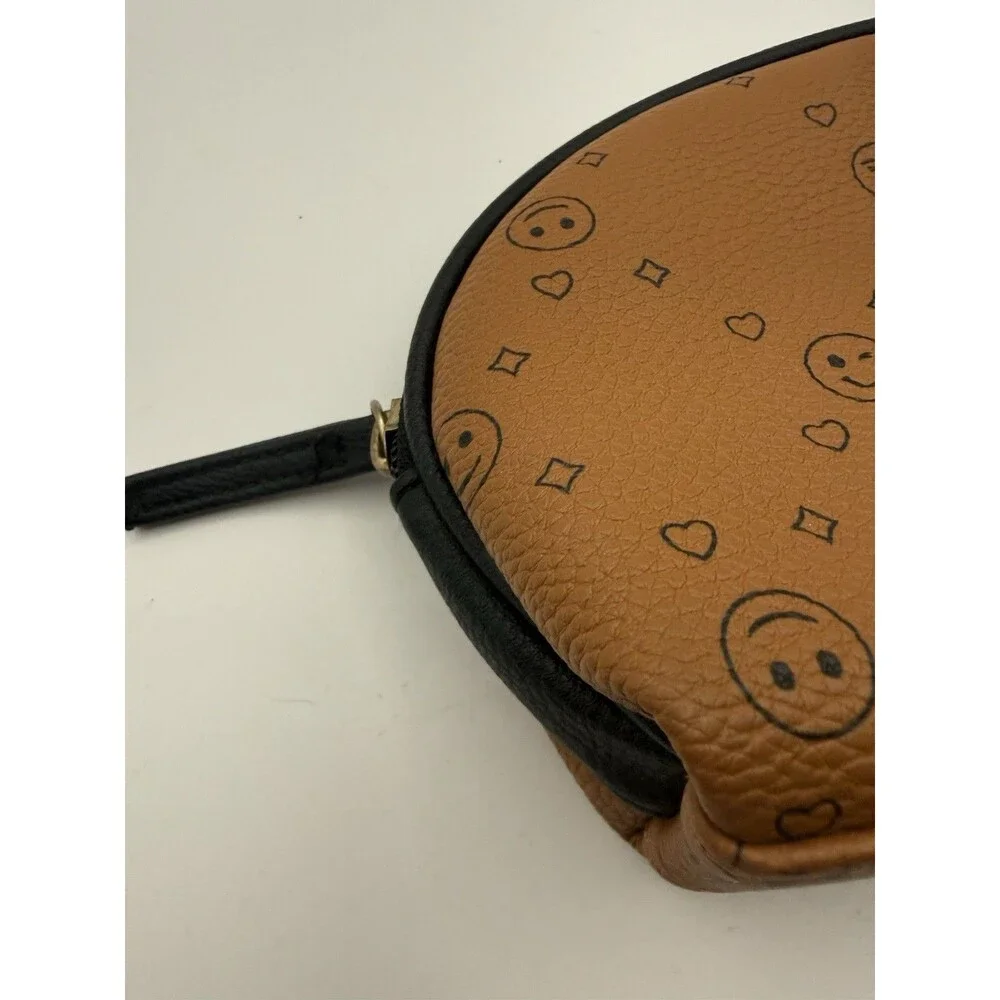 Travel Makeup Bag Brown Faux Leather Emoji Airplane Passport Pouch